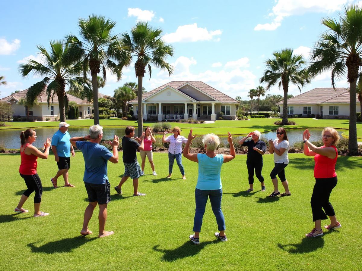 Outdoor community fitness class on the lawn of a master-planned Florida community